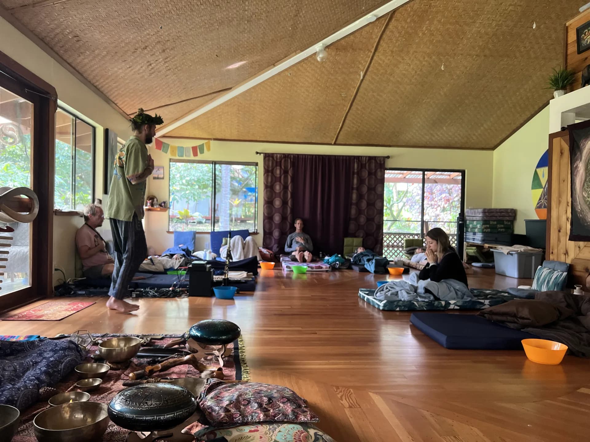Sound healing gathering inside the Coco Wasi sanctuary